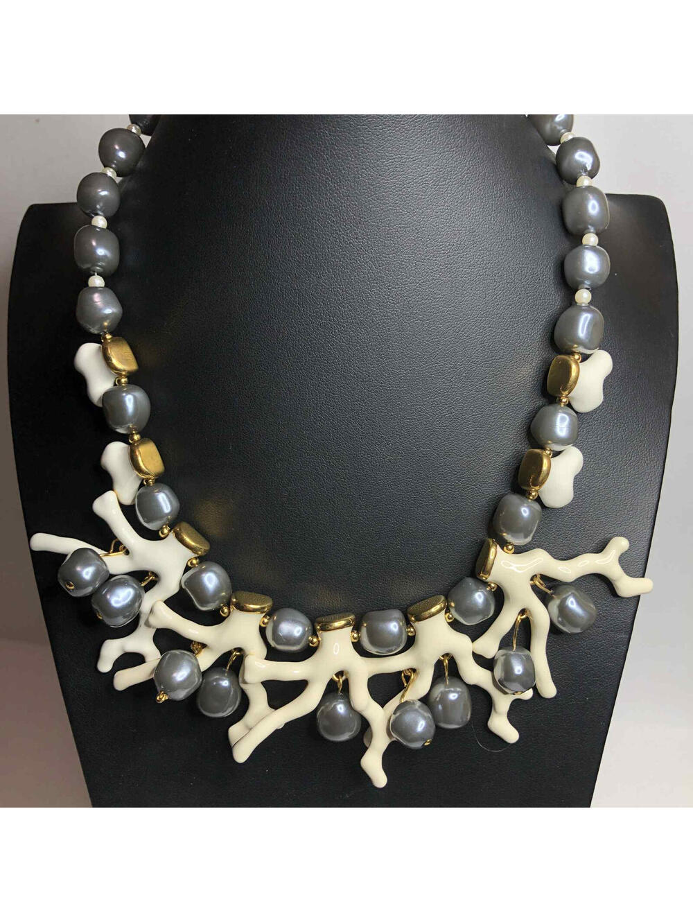 5311 HSN Goldtone faux pear faux coral branch statement designer necklace 18-20"